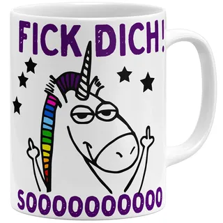 OM3® Fick Dich So Viel - Tasse Guten Morgen Einhorn - Keramik Becher - 11oz 325ml - Beidseitig Bedruckt - Weiss