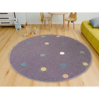 AKCILA Lima Runder Kinderteppich Lila mit bunten Punkten 100cm | weicher moderner Teppich für Kinderzimmer, farbenfrohes Punkte Design, Kinderteppich in vielen Größen erhältlich