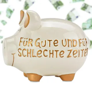 Hochzeit Sparschwein Gute Zeiten weiß, Gold - große 17 cm Erwachsenen Keramik Spardose