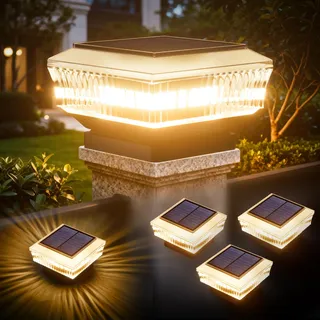 Quntis Solar Pfostenkappen Außen 4er Set, 300LM 3 Modi (Warm/Kalt/Neutralweiß), 1200mAh Akku, IP65 Wasserdicht Solarzaunleuchten für Holz- & Vinylpfosten ab 9x9cm, Solarleuchten Garten Zaun Terrasse