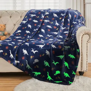 SOCHOW Glühen im Dunkeln Decke 127 x 150 cm, Jurassic Dinosaurier Muster Flanell Fleecedecke, Marine Blau Ganzjahresdecke für Kinder