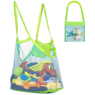 EUYKQNOI Strandspielzeug Tasche mit Netz,2er Set Sandspielzeug Aufbewahrung (Grüne Tasche + Blaues Mesh), Faltbare Netztasche für Strand,Schwimmbad & Sandkasten,Ideal für Familie und Kinder ab 1 Jahr
