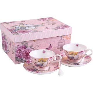 London Boutique Set aus Kaffee-/Teetassen und Untertassen, Shabby Chic, Vintage-Design, Porzellan mit Blumenmuster, 2 Sets in Geschenk-Box, Keramik (Cuckoo)