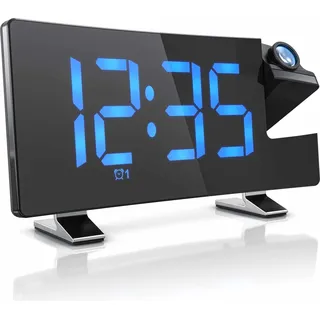 Bearware Digitaler Wecker, Projektionswecker, Wecker mit Projektion, Dimmer, 15 FM Radiospeicher, große blaue Ziffern, Snooze 5-60 min. Projektions Radio Wecker digital, 7 Tasten, 2 Weckalarme, USB Kabel - Schwarz