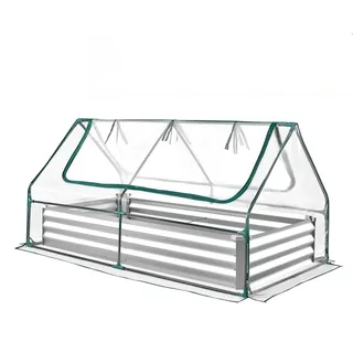 Hochbeet mit Abdeckung, 1800 x 900 x 300 mm, rechteckiger Pflanzkasten aus verzinktem Metall für den Außenbereich, mit PE-Gewächshausabdeckung und Handschuhen, rostfreies Alu-Zink, zum Anbau von Blumen und Gemüse, silberfarben