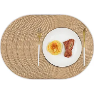 Homcomodar Platzsets Abwaschbar 6er Set Rund Tischsets Abwaschbar Geflochtene Platzset Rund Hitzebeständig rutschfest Stroh Gelb Platzsets für Hause Küche Restaurant(34cm )