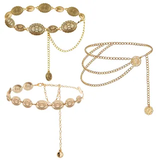Solivive 3 Stück Gürtel Gold,Einstellbar Gürtel Festival Damen,Kettengürtel Gold Festival Western Cowboy Taillenkette Passend für Kleider, Jeans