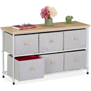 Relaxdays Sideboard, 6 Stoffschubladen, Flur & Schlafzimmer, HBT: 51x87x32 cm, Schubladenschrank, Metall, hellgrau/Natur