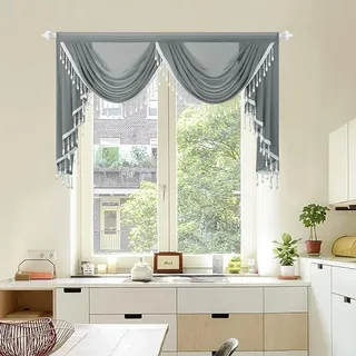 Leeva Voile-Volant, doppelte Girlande, breiter Wasserfall-Volant mit Perlenbesatz, 150 cm breit, durchscheinender Vorhang für Zuhause, Büro und Arbeitszimmer, Schiefergrau