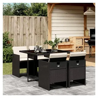 Rattan Gartenmöbel Set 5-teilig, Sitzgruppe für 4 Personen, Gartentisch mit Glas und stapelbaren Stühlen, Essgruppe für den Garten, Garnitur in Schwarz und Creme