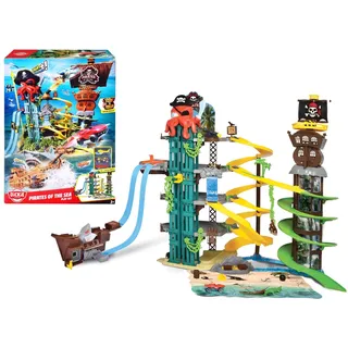 DICKIE Pirates of the Sea Playset – Parkgarage mit 5 Ebenen, Licht & Sound, Schießfunktion, Doppelrennstrecke, Haibiss, Sprungrampe, Gefängnis, inkl. 3 Die-Cast Autos