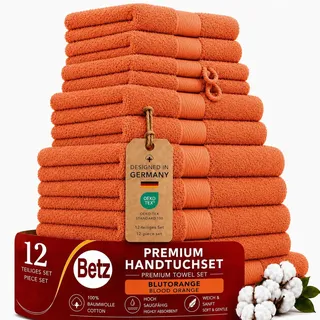 Betz Premium Handtuch-Set 12-teilig – 100% Baumwolle – Oeko-TEX® Zertifiziert – extra saugfähig & weich – hohe Grammatur – Duschtücher, Handtücher, Gästetücher & Waschhandschuhe - Farbe blutorange