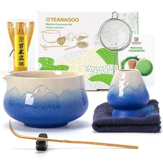 TEANAGOO 7 Stück Matcha Set,Matcha Besen,Blaues Matcha-Set, Matcha Schale mit Ausgießer,Matcha-Tee-Set für die Zubereitung von Milchkaffee,Matcha-Besen-Set und Schale mit löffel & Sieb