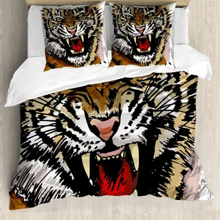 ABAKUHAUS Tiger Bettbezug, Verärgerte Augen Skizze-Kunst, Milbensicher Allergiker geeignet mit Kissenbezügen, 200 cm x 200 cm - 80 x 80 cm, Mehrfarbig