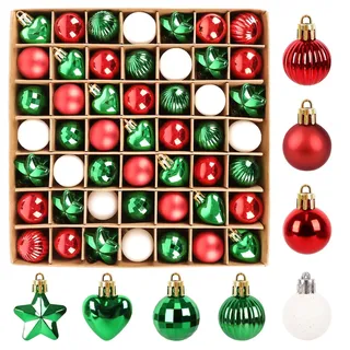 62 STK Weihnachtskugeln Klein & Sterne & Herz Set - 3cm Kunststoff Christbaumkugeln Rot Grün Mini Weihnachtsbaumkugeln Bruchsicher mit Geschenkpaket,Christbaumschmuck mit Aufhänger,Deko Weihnachten