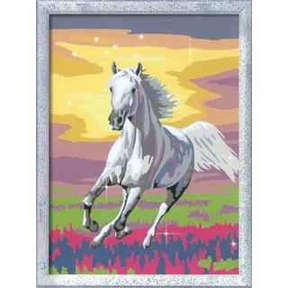 Ravensburger Malen nach Zahlen Galoppierender Schimmel - Kinder ab 9 Jahre, Malset mit Rahmen, Pinsel und Acrylfarben, Geschenk für Mädchen und Jungen, mit Glitzer