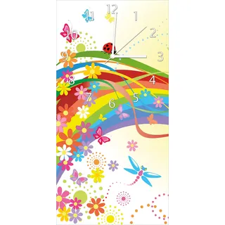 Wallario Design Wanduhr Regenbogen im Sommer - Bienchen und Blümchen aus Echtglas, Größe 30 x 60 cm - Weiß