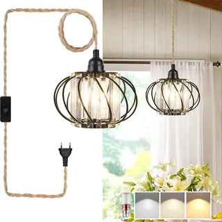 Pendelleuchte Kit mit Stecker E27 Retro Küche Hängelampe Lampenkabel mit 5 Meter Seil Kabel Dimmbar Plug in Hängeleuchte Schwarz Metall Kristall Lampenschirm Kronleuchter für Schlafzimmer Esszimmer