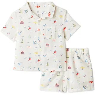 Amazon Essentials x Sofia Grainge Baby - Jungen Spielset aus Baumwoll-Leinen-Hemd mit kurzen Ärmeln und Shorts, Ivory Beach, 18 Monate