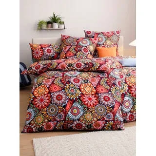 Bettwäsche WÄSCHEPUR Gr. 2, bunt (schwarz, rot, bedruckt), B/L: 155cm x 200cm, Feinbiber, B/L: 80cm x 80cm, 2 Stk., Feinbiber, 100% Baumwolle, Bettwäsche, Bettwäsche