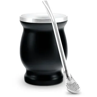 caámate. Mate Tee Becher Set ● Matebecher Edelstahl doppelwand isolier Design + Matetrinkhalm Edelstahl (schwarz)