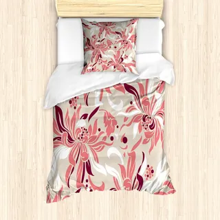 ABAKUHAUS Blumen Bettbezug Set für Einzelbetten, Süße Pastell Florets, Milbensicher Allergiker geeignet mit Kissenbezug, Kastanienbraun Beige Korallenrot - Beige