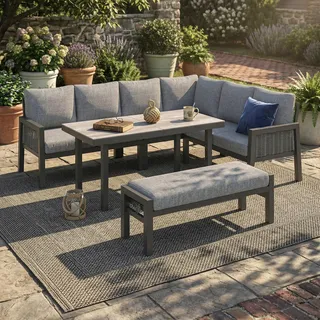 Garten-Essgruppe,Gartenmöbel-Set,8 Personen, Eckstellung, Verzinktes Eisen, Glastischplatte, handgefertigtes PE-Geflechtseil, Beinhaltet Esstische