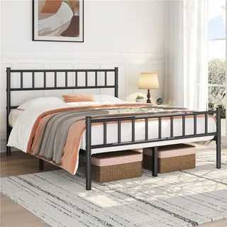 Yaheetech Metallbett Bettrahmen mit Kopfteil Bettgestell aus Metall Gästebett mit Lattenrost für Schlafzimmer Gästezimmer 140 x 200 cm Schwarz - Schwarz