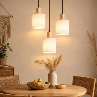 ZMH Pendelleuchte Holz 3 Flammig Rund Stoff Esstischlampe Vintage Hängeleuchte E14 Hängelampe Rustikal für Wohnzimmer Restaurant Schlafzimmer Weiß - Weiß