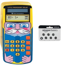 Texas Instruments Little Professor Rechentrainer (für Vor- und Grundschule, Solarbetrieben, mit 80.000 Rechenaufgaben) gelb-blau & Amazon Basics – LR44 Alkaline-Knopfzelle, 6 stück