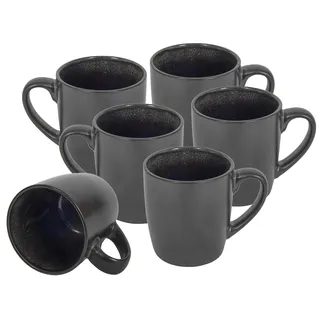 Kaffeebecher 6er Set je 350 ml - schwarz metallic/innen glänzend - Kaffeebecher mit Henkel - Tee Becher Kaffee Tasse aus Porzellan spülmaschinenfest