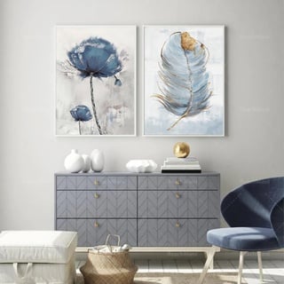 Herfair Bilder Wohnzimmer 2er Set, Blau Blumen Feder Wandbilder Poster Schlafzimmer, Stilvolle Einfachheit Wanddeko Leinwandbilder, Ohne Rahmen (40 x 50 cm)