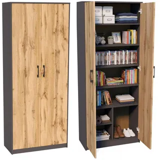 Mehrzweckschrank mit 8 Fächern Besenschrank Haushaltsschrank in mattem Finish mit 6 Einlegeböden und 2 Türen graphit Eiche - Grau