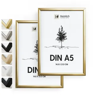 Heimlich® - Bilderrahmen - A5 14,8 x 21 cm, Aluminium, Metall, Gold, 2er-Pack – Diplom-Poster-Collage-Rahmen mit Folienabdeckung – Wandmontage oder Tischaufsteller