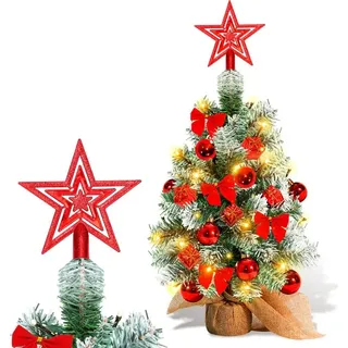 Jayseuw 40cm Mini Weihnachtsbaum mit 30 warmweiß LEDs, 8 Licht Modi, mit roter Deko, mit Stern-Baumspitze, Batterie betrieben, für Weihnachten, Rot - Rot