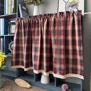 Yaland Karomuste Scheibengardine mit Spitzenbordüre Design Landhausstil Küchengardine mit Stangendurchzug Kleinfenster 1 Stück Rot HxB 40x140cm