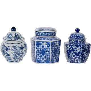 A&B Home 12,7 cm dekorative Porzellangläser Set mit 3 glasierten handbemalten blauen und weißen Keramik-Vasen mit Deckel, Tafelaufsatz, Ingwerglas, asiatische Dekoration