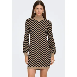 Strickkleid ONLY "ONLJULIA LS HIGHNECK PATTERN DRESS KNT", Damen, Gr. S, N-Gr, toasted coconut pattern:schwarz, Strick, Obermaterial: 50% Viskose, 27% Nylon, 23% Polyester, gemustert, slim fit Midi, hoch geschlossener Ausschnitt, Puffärmel Rippbündchen, Kleider Strickkleid