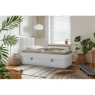 Mid.you Boxbett , Grau , Holz, Textil, Holzwerkstoff , H3 , 90x200 cm , Bettkasten, gepolstertes Kopfteil, Stoffauswahl, Topper durchgehend , Holzmöbel, Holzbetten, Boxspringbetten Holz