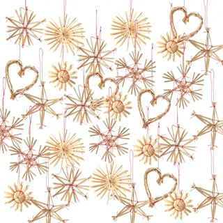 Strohsterne Anhänger Set 32 Stück – Weihnachtsdeko 5–7 cm – Natur Stroh Figuren mit Band – Herzen Sterne Schneeflocken – Logbuch-Verlag