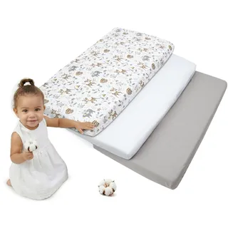 Medi Partners Spannbettlaken 60x120 3-Pack Baby Bettlaken Kinderbett Spannbetttuch 100% Baumwolle - Fitted Kinder Sheet Bettwäsche Babymatratze Schlafsack Babybett (REH-Weiß-Graue)