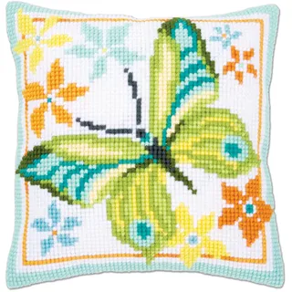 Vervaco Kreuzstich Stickpackungen Kissen Stickerei Set Anfänger Vorgedruckt Schmetterling Grün DIY Set Kreativ Set Für Erwachseneca. 40 x 40 cm Bastelset Handwerker Haus Dekoration