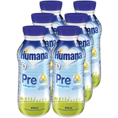 Humana Anfangsmilch Pre trinkfertig, von Geburt an, trinkfertige Säuglingsmilch, zusätzlich zur Muttermilch oder als alleinige Pre Nahrung, Babynahrung mit DHA und nur Laktose, 6 x 470 ml