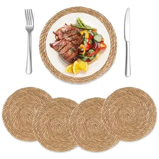 Exquilnova 4 Stück Tischset Rund Geflochten, 30cm Natürliche Platzset Rund aus Schilf, Rustikal Vintage Untersetzer Teller, Runde Platzdeckchen, Hitzebeständig und rutschfest, Boho Deko für Esstisch