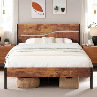 VECELO Bettgestell 140 x 200 cm Bettrahmen mit Lattenrost, Doppelbett Metallbett mit Dick Holzkopfteil, Modern Gästebett Jugendbett, Perfekt für Erwachsene und Jugendliche, Braun
