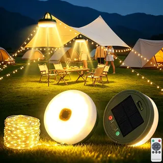 BARAKYEG Solar Camping Lichterkette Aufrollbar,10M Wasserdichte Camping Lichterkette Außen, 8 Beleuchtungsmodi,2000mAh,USB Wiederaufladbare,Campinglampe für Camping,Garten und Wandern,Zelt Camping