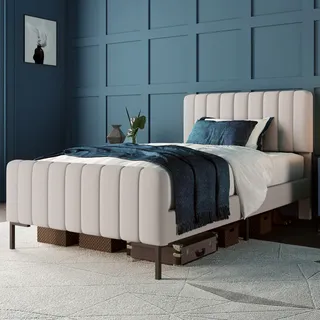 MODFU Polsterbett 90x200cm Einzelbett mit Lattenrost, Massivholzbett Jugendbett mit Verstellbarem Kopfteil, Gästebett Leinenstoff, Grau-Beige(Mit Matratze) - Beige