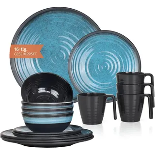 Melamin Camping Geschirr Set 4 Personen Stone Blue + 4 Tassen Stone Kaffetassen Becher Tafelgeschirr Picknick BBQ Kochgeschirr - Blau