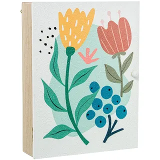 DRW Schlüsselkasten aus Holz mit gelben und roten Blumen, 20 x 5,5 x 26 cm