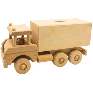 Dekohelden24 Nachhaltige fahrbare Holz - Spardose, Sparbüchse als LKW, XXL - LKW - Spardose, Kinderspardose Lastkraftwagen, Spartransporter, großer Holz - LKW, L/B/H 30 x 11 x 15 cm.